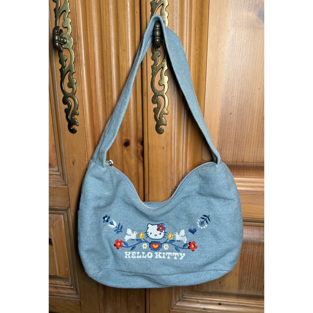 Sanrio Hello Kitty Small Hobo Shoulder Bag Denim Y2K Embroidered Flowers Birds